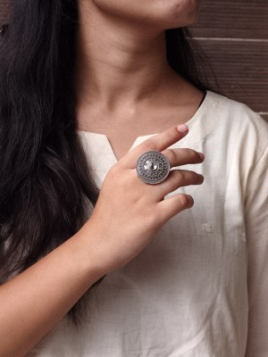 White Stone Women Indian Oxidized Silver Round Free Size Finger Ring Ethnic Fashion Jewelry