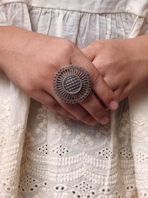 Elegant Silver Oxidized Vintage Style Round Big Size Finger Ring