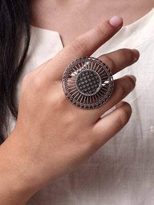 Elegant Silver Oxidized Vintage Style Round Big Size Finger Ring