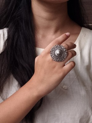 Rustic Zodiac Sign Silver Oxidized Round Big Size Finger Ring for Women