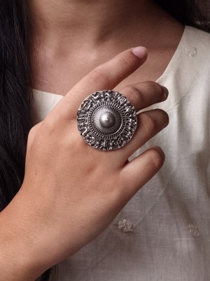 Rustic Zodiac Sign Silver Oxidized Round Big Size Finger Ring for Women