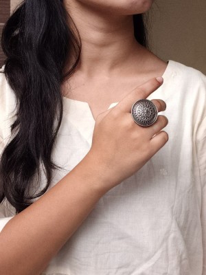 Premium Designer Silver Oxidized Big Size Round Finger Ring Gift for Her
