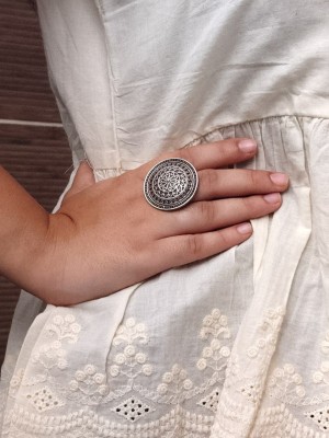 Premium Designer Silver Oxidized Big Size Round Finger Ring Gift for Her
