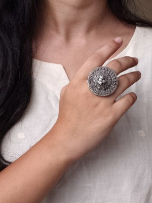 Traditional Pearl Decorated Silver Oxidized Big Size Round Finger Ring Gift for Her
