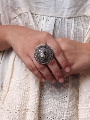 Traditional Pearl Decorated Silver Oxidized Big Size Round Finger Ring Gift for Her