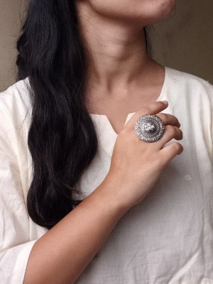 Ethnic Pearl Work Silver Oxidized Big Size Round Finger Adjustable Ring