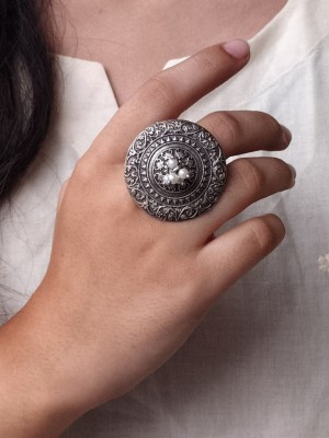Ethnic Pearl Work Silver Oxidized Big Size Round Finger Adjustable Ring