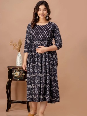 Black Printed Floral Cotton Maternity Baby Feeding Gown Anarkali Kurta Kurti with Hidden Feeding Zip