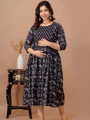 Black Printed Floral Cotton Maternity Baby Feeding Gown Anarkali Kurta Kurti with Hidden Feeding Zip