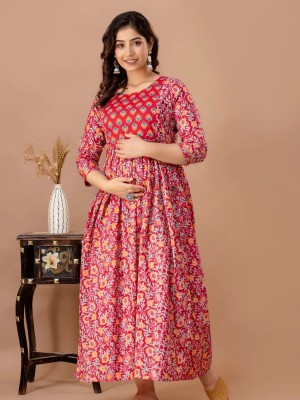 Red Floral Printed Cotton Maternity Baby Feeding Gown Anarkali Kurta Kurti with Hidden Feeding Zip