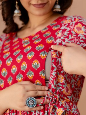 Red Floral Printed Cotton Maternity Baby Feeding Gown Anarkali Kurta Kurti with Hidden Feeding Zip