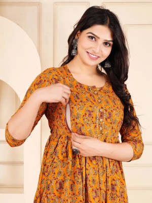 Mustard Floral Printed Cotton Maternity Baby Feeding Gown Kurta Anarkali Kurti with Hidden Feeding Zip
