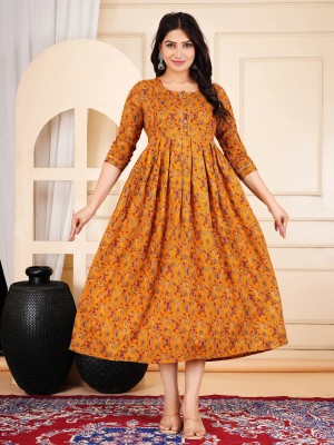 Mustard Floral Printed Cotton Maternity Baby Feeding Gown Kurta Anarkali Kurti with Hidden Feeding Zip