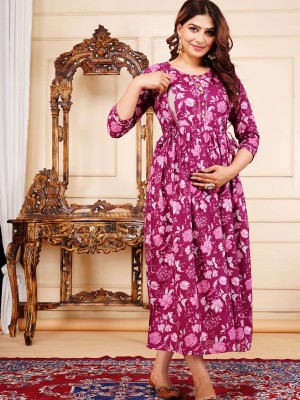 Wine Floral Printed Cotton Maternity Baby Feeding Gown Kurta Anarkali Kurti with Hidden Feeding Zip
