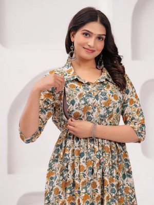 Cream Floral Printed Cotton Maternity Baby Feeding Gown Kurta Collared Anarkali Kurti with Hidden Feeding Zip