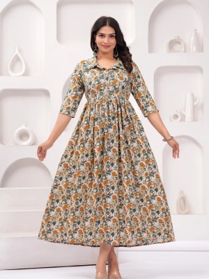 Cream Floral Printed Cotton Maternity Baby Feeding Gown Kurta Collared Anarkali Kurti with Hidden Feeding Zip
