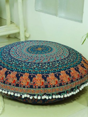 Blue Multi Bohemian Elephant Mandala Floor Pillow Cover Round Cushion Cover - 32 Inch
