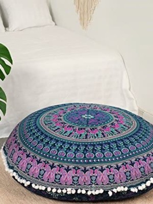 Blue Multi Bohemian Elephant Mandala Floor Pillow Cover Round Cushion Cover - 32 Inch
