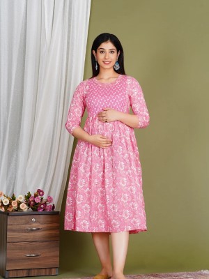 Pink Floral Printed Cotton Maternity Baby Feeding Gown Kurta Anarkali Kurti with Hidden Feeding Zip