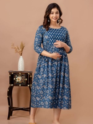 Blue Floral Printed Cotton Maternity Baby Feeding Gown Kurta Anarkali Kurti with Hidden Feeding Zip