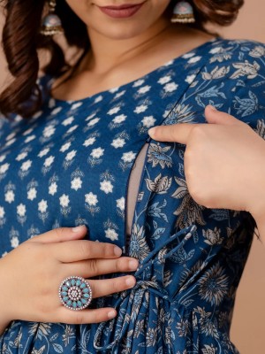 Blue Floral Printed Cotton Maternity Baby Feeding Gown Kurta Anarkali Kurti with Hidden Feeding Zip