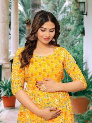 Yellow Floral Printed Cotton Maternity Baby Feeding Gown Kurta Anarkali Kurti with Hidden Feeding Zip