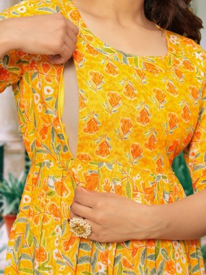 Yellow Floral Printed Cotton Maternity Baby Feeding Gown Kurta Anarkali Kurti with Hidden Feeding Zip
