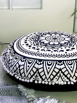 Black & White Boho Mandala Floor Pillow Cover Round Cushion Cover - 32 Inch