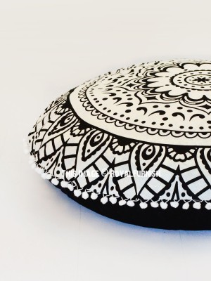 Black & White Boho Mandala Floor Pillow Cover Round Cushion Cover - 32 Inch