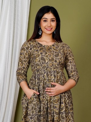 Grey Paisely Floral Printed Cotton Maternity Baby Feeding Gown Kurta Anarkali Kurti with Hidden Feeding Zip