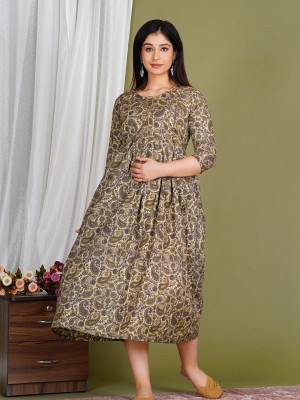 Grey Paisely Floral Printed Cotton Maternity Baby Feeding Gown Kurta Anarkali Kurti with Hidden Feeding Zip