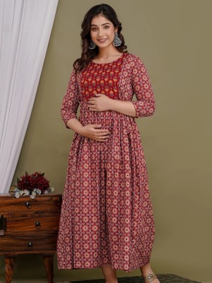 Maroon Floral Printed Cotton Maternity Baby Feeding Gown Kurta Anarkali Kurti with Hidden Feeding Zip