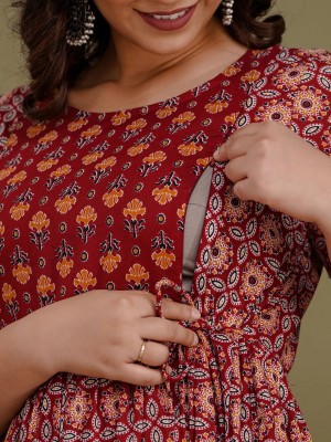 Maroon Floral Printed Cotton Maternity Baby Feeding Gown Kurta Anarkali Kurti with Hidden Feeding Zip
