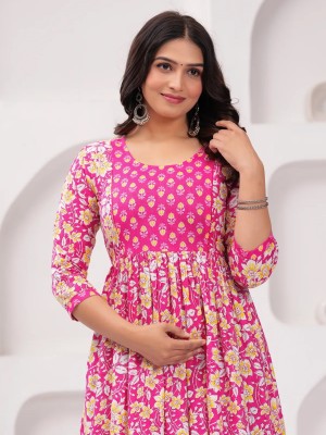 Baby Pink Floral Printed Cotton Maternity Baby Feeding Gown Kurta Anarkali Kurti with Hidden Feeding Zip
