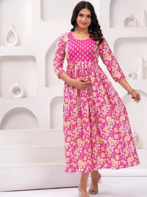 Baby Pink Floral Printed Cotton Maternity Baby Feeding Gown Kurta Anarkali Kurti with Hidden Feeding Zip