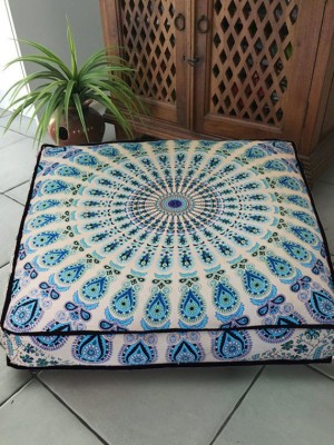 White & Blue Multi Bohemian Mandala Floor Pillow Cover Square Cushion Cover - 36 Inch