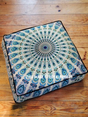 White & Blue Multi Bohemian Mandala Floor Pillow Cover Square Cushion Cover - 36 Inch