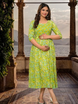 Lemon Yellow Floral Printed Cotton Maternity Baby Feeding Gown Kurta Anarkali Kurti with Hidden Feeding Zip