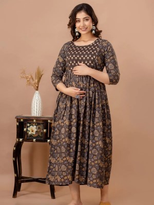 Brown Floral Printed Cotton Maternity Baby Feeding Gown Kurta Anarkali Kurti with Hidden Feeding Zip
