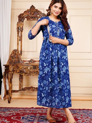 Blue Floral Printed Maternity Baby Feeding Gown Kurta Anarkali Kurti with Hidden Feeding Zip
