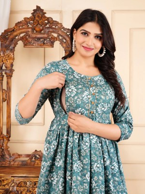 Sea Green Floral Printed Maternity Baby Feeding Gown Kurta Anarkali Kurti with Hidden Feeding Zip