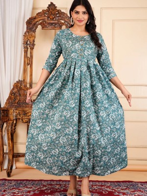 Sea Green Floral Printed Maternity Baby Feeding Gown Kurta Anarkali Kurti with Hidden Feeding Zip