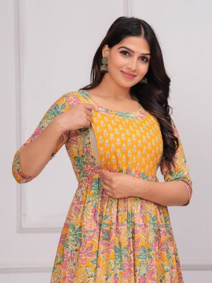 Yellow Baby Feeding Gown Floral Printed Maternity Kurta Anarkali Kurti with Hidden Feeding Zip