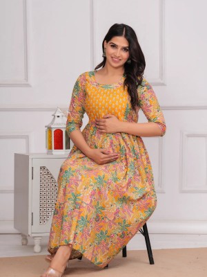 Yellow Baby Feeding Gown Floral Printed Maternity Kurta Anarkali Kurti with Hidden Feeding Zip