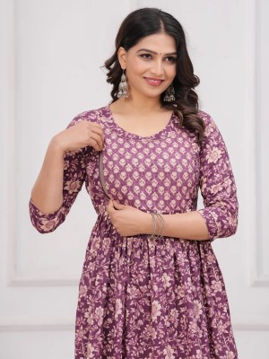 Wine Baby Feeding Gown Floral Printed Maternity Kurta Anarkali Kurti with Hidden Feeding Zip