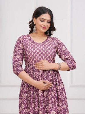 Wine Baby Feeding Gown Floral Printed Maternity Kurta Anarkali Kurti with Hidden Feeding Zip
