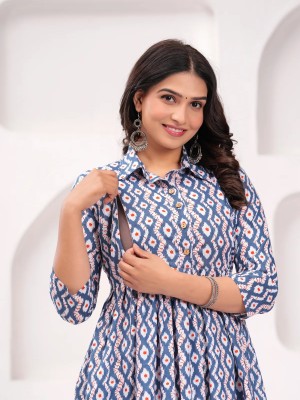 Blue Cream Baby Feeding Gown Printed Collared Maternity Kurta Anarkali Kurti with Hidden Feeding Zip