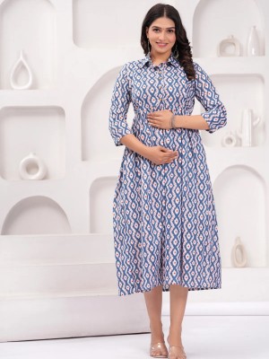 Blue Cream Baby Feeding Gown Printed Collared Maternity Kurta Anarkali Kurti with Hidden Feeding Zip