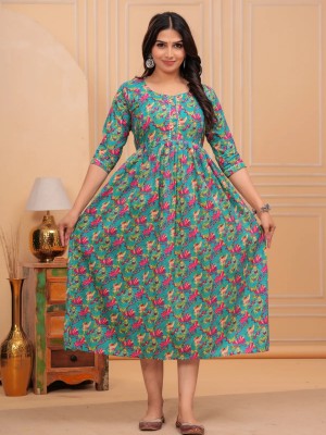 Parrot Green Baby Feeding Gown Printed Maternity Kurta Anarkali Kurti with Hidden Feeding Zip