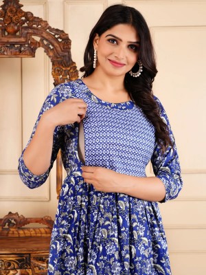Royal Blue Baby Feeding Gown Printed Maternity Kurta Anarkali Kurti with Hidden Feeding Zip